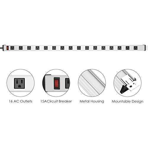 JUNNUJ Long Metal 16 Outlet Power Strip, Wide Spaced Garage Industrial Heavy Duty Power Strip with 15 FT Cord 15A, 125V, 1875W-Silver