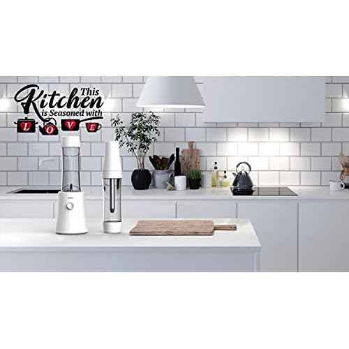 Kitchen Funny Quotes Wall Decals, This Kitchen is Seasoned with Love Family Love Words Red Hart Wall Decor for Dining Room Kitchenware Decoration Vinyl Wall Sticker for Restaurant Cafe