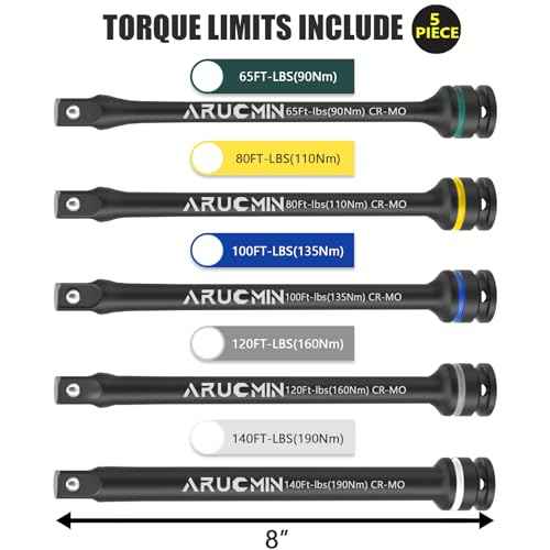 1/2" Drive Torque Limiting Extension Bar Set, 5-Piece Lug Nut Torque Stick Set With 8 Inch Color-Coded 65 to 140 Ft-Lbs Torque Sticks