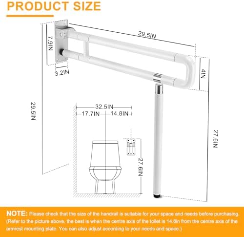 YUCHENGTECH Foldable Toilet Grab Bar 29.5 INCH Flip Up Grab Bar Handicap Grab Bars Folding Toilet Safety Rails for Bathroom with Leg Anti-Slip for Elderly Disabled Pregnant