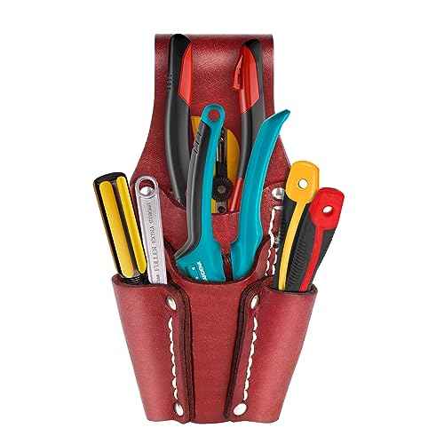 Leather Tool Pouch, Leather Electrician Tool Pouch with 4 Pockets, Heavy Duty and Durable, for Any Electrician/Welders, Carpenters, Car Repairers, Brown