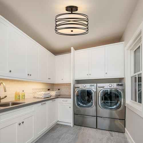 Drum Semi Flush Mount Ceiling Light Fixture Vintage Modern Farmhouse 2-Lights Linen Drum Ceiling Lighting Rustic Black Ceiling lamp for Dining Room, Bedroom, Kitchen, Laundry Room