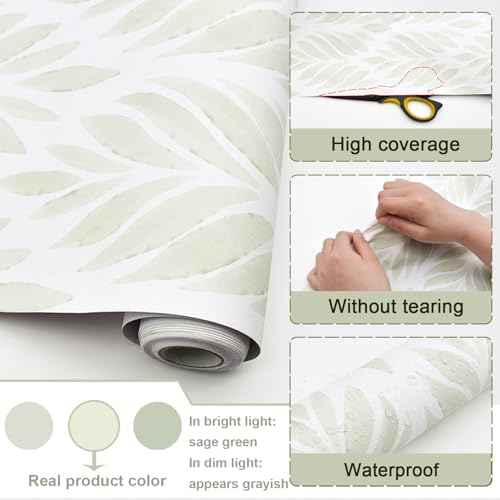 Sage Green Peel and Stick Wallpaper Boho Green Contact Paper Self Adhesive Neutral Removable Wallpaper for Bedroom Bathroom Waterproof Modern Leaf Contact Paper Farmhouse White 78.7inL 17.3in