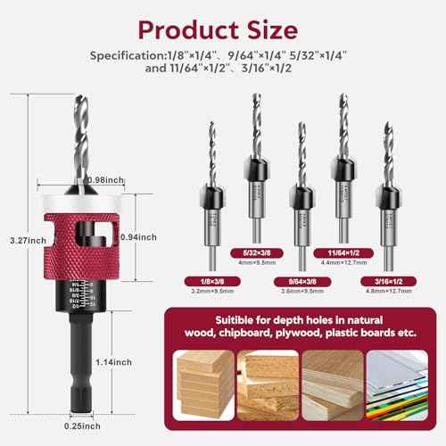 Countersink Drill Bit Set - 5 Pcs Countersink Drill Bit with Low Friction Depth Stop, Replaceable HSS M2 Tapered Bits, Carbide Drill Bits 1/4¡± Hex Shank for Woodworking Tools & Hand Tools