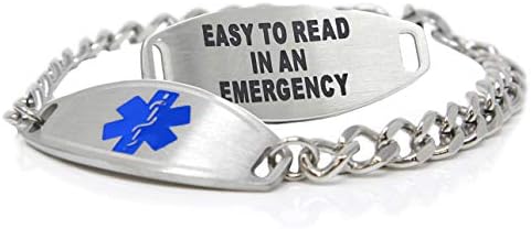 Medical Alert Bracelet Stainless Steel With Free Custom Engraving and ID Card, Curb Chain