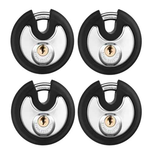Chumia 4 Pack 70 mm Keyed Alike Padlocks Outdoor Round Stainless Steel Discus Pad Lock with Keys for Storage Unit, Sheds, Garages and Fence, Rubber Bumper Sheath (Black)