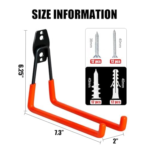 WMK 7.3'' Garage Hooks Heavy Duty Wall Hook, 6 Pack Garage Storage Hook, Wall Mount Utility Garage Hooks for Hanging Tools Bike Ladder (Orange)