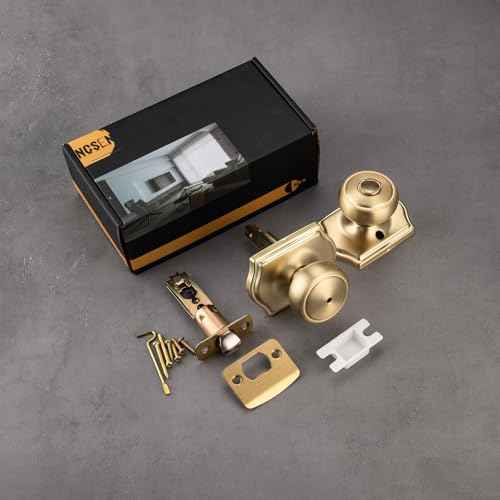 6 Pack Gold Door Knobs with Camelot Trim,Interior Door Knob with Lock,Coastal Privacy Door knob for Bath and Bedroom, Satin Brass