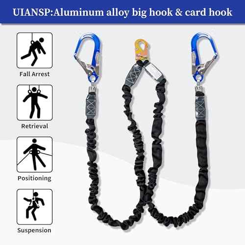6ft Safety Lanyard Double Leg Internal Shock Absorbing Safety Fall Protection Lanyard with Rope Harness Safety Lanyard Dual Rebar & Snap Hook Roofer Fall Protection Equipment£¨Aluminium Alloy£©