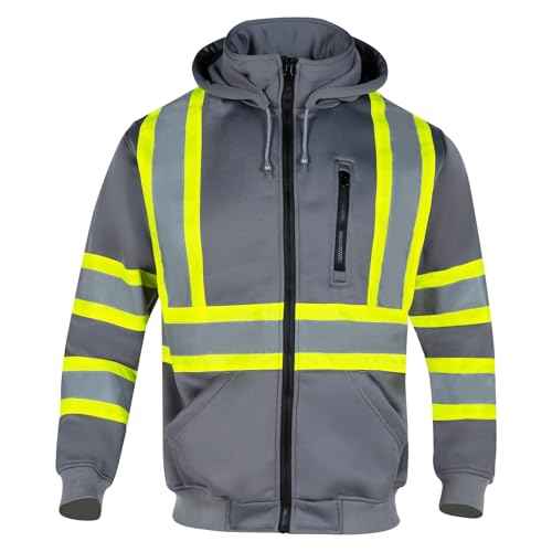 VENDACE High Visibility ANSI Class 1 Reflective Safety Fleece Sweatshirt Hoodie for Men with Detachable Hood(Grey,XL)