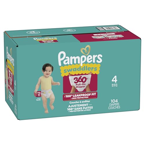 Pampers Diapers - Swaddlers 360° - Size 4, 104 Count, up to 100% Leakproof Comfy Dry Fit, Designed for Easy Changes, Pull On Baby Diaper (Packaging May Vary)