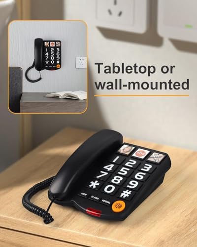 Big Button Phone for Seniors, Landline Telephone for Home with Picture, Durable Hand-Free Phone with LED Call Alert, Adjustable Volume and 3 One-Touch Dialing for Elderly, Black