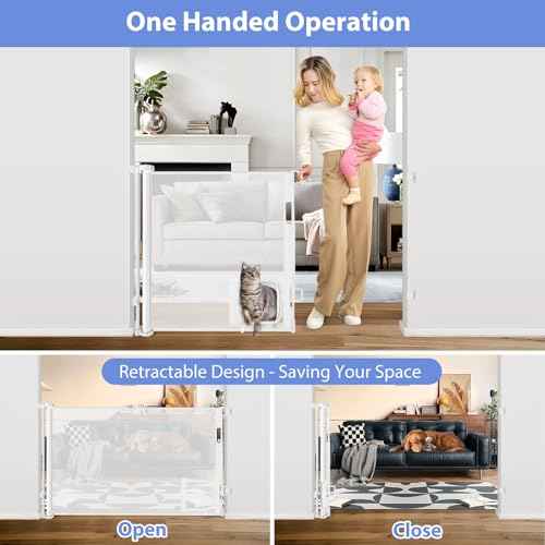 Retractable Baby Gates with Cat Door 80" Wide Retractable Dog Gate with Pet Door Outdoor Retractable Gate for Dogs Retractable Pet Gate with Door Mesh Baby Gate Retractable Mesh Dog Gate (White)