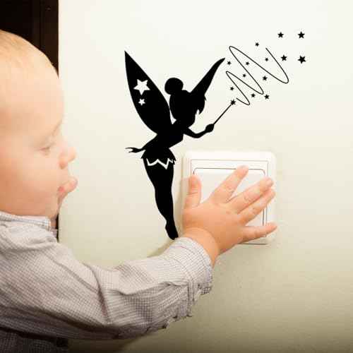 Tinkerbell Lightswitch Vinyl Decal Sticker, 4 Pack Fairy Sticker for Light Switch, Outlets or Any Ledge, Removable Cute DIY Mural Wallpaper Wall Laptop Computer Vehicle Bedrooms or Nursery (Black)