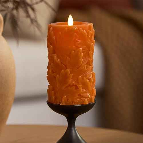 Luminara Flameless Marmalade Embossed Leaves 3.5" x 6.5" Pillar, Battery Operated & Timer Function, Fall Decorations Indoor Candle Moving Flickering Flame LED Light, Remote Ready (Sold Separately)