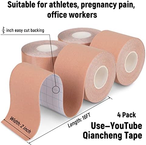 QianCheng 4 Pack Kinesiology Tape for Sports Athletes - 16 FT Waterproof Athletic Tape for The Knee, Elbow and Shoulder Muscles, etc. (Beige)