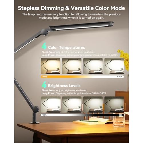 LED Desk Lamp with Clamp, Architect Desk Lamp with Remote, Flexible Swing Arm Desk Light with Dual LED Light, Stepless Dimming, 5 Color Mode & 4 Brightness for Sewing Painting Drafting Crafting