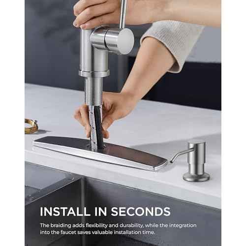 FORIOUS Kitchen Faucet with Soap Dispenser, Brushed Nickel Stainless Steel Sink Faucet with Pull Out Sprayer Modern Single Handle Suitable for Bar RV Farhouse Laundry Outdoor