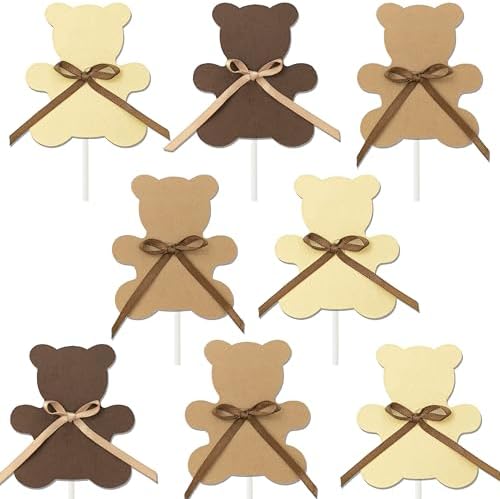 24pcs Bear Cupcake Toppers with Bows LUCKYQUBE Bears Baby Shower Decorations We Can Bearly Wait Cake Cupcake Topper Decoration for Bear Theme Birthday Baby Shower Gender Reveal Party Supplies