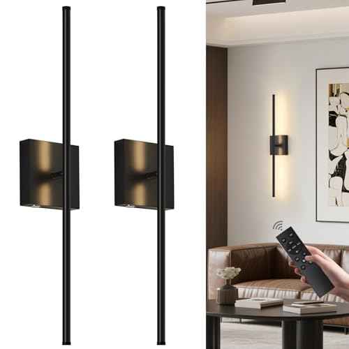 Battery Operated Wall Sconces Set of 2, Wall Sconce with Remote Control, 26.7 Inch 3000K-6000K Dimmable Wireless Rechargeable Sconce,Wall Lights for Bedroom, Living Room, Hallway(Black)