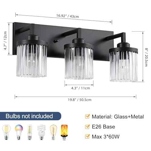 Modern Crystal Bathroom Light Fixtures, 3 Light Black Farmhouse Vanity Lights, with Crystal Glass Shade, Industrial Bathroom Lighting Fixtures Over Mirror Wall Light for Bedroom Living Room