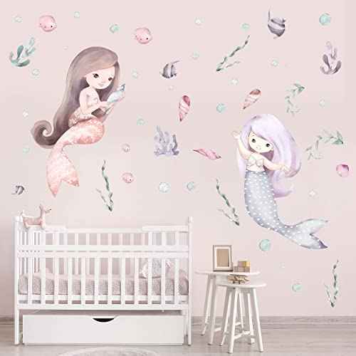 Mermaid Wall Decal Ocean Stickers Seaweed Nursery Decor Baby Girl Bedroom Playroom Princess Room Art Toddler Kid Room Bathroom Decor