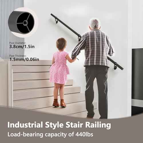 Stair Railing Indoor 6 Feet Hand Rails for Indoor/Outdoor Steps 1.5" Round Porch Railing Wall Mount Aluminum Hand Rails for Indoor Stairs Industrial Staircase Handrails