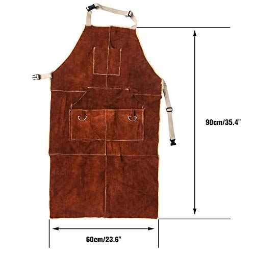 Pocket Welding Apron, Cowhide Leather with Quick Release Buckle Adjustable Length for Men and Women - 90x60cm (Dark-Brown)