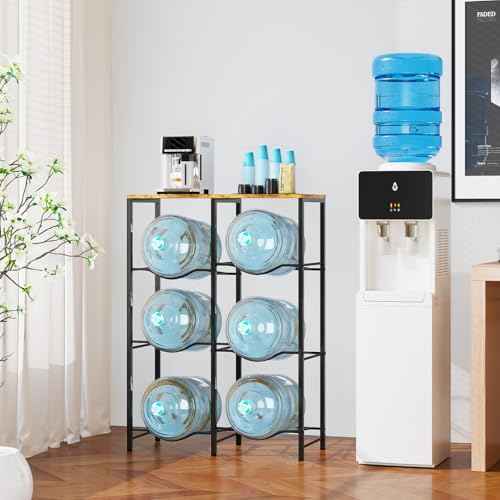 5 Gallon Water Jug Holder, Water Jug Stand with Storage Rack, 3-Tiers Water Dispenser Stand, Water Bottle Stand for Kitchen, Office, Living Room, Brown