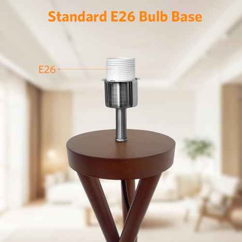 Wood Tripod Floor Lamp, Modern Design Light, Flaxen Lamp Shade with 3 Color Temperatures LED Bulb, Mid Century Standing Lamp for Living Room, Bedroom, Study Room and Office, Brown