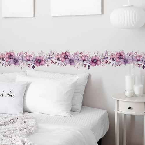 Romantic Purple-Pink Flower Vine Wall Stickers, sacinora Botanical Floral Art Peony Rose Daisy Wall Decals Removable Vinyl Peel and Stick for Living Room Bedroom Bathroom Kitchen Decoration