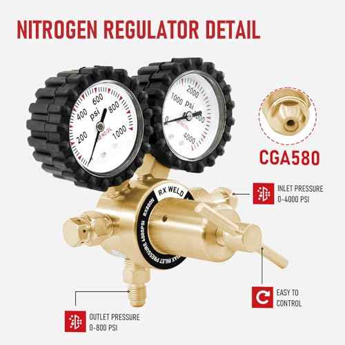RX WELD Nitrogen Regulator with 0-1000 PSI CGA580 Inlet, Delivery Pressure Equipment Brass Inlet Outlet Connection Gauges with Refrigeration Hose
