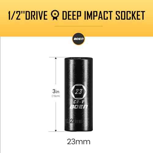 BOEN 1/2" Drive Deep Impact Sockets, Premium Impact Socket, 23mm Socket, Metric, 6 Point, Cr-V Steel with Laser Marking - Strong and Durable