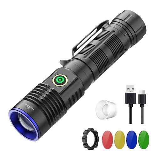 WINDFIRE Multicolor Flashlight 5 in 1 LED Tactical Rechargeable Flashlights High Lumens White Red Green Blue Yellow Light Multicolor Lens 4 Modes Zoomable for Camping Hiking Fishing Hunting