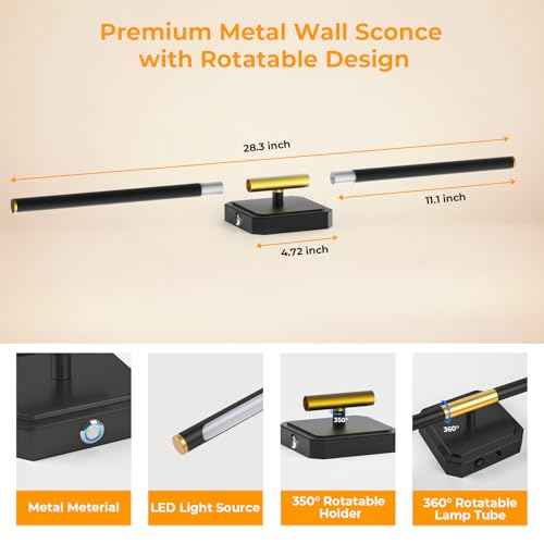 Battery Operated Wall Sconces Set of 2, Detachable 360¡ÆRotate Wall Lamps, 3000-6500K Dimmable with Remote Control, 10000mAh Rechargeable Wall Lights for Bedroom, Living Room, 28" Black Gold