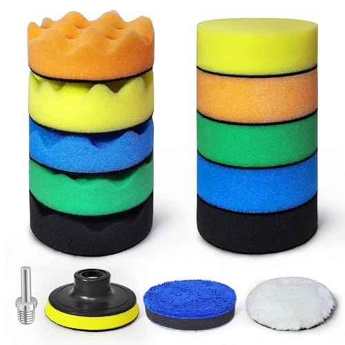 Buffing Sponge Pads, 3 Inch Polishing Pads, 14PCS Detail Polishing Kit, Car Polishing Foam Wool Pads Wax Buffer Polisher Attachment with M14 Thread Backing Pad Adapters for Waxing