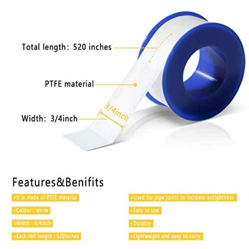 4 Rolls 3/4 Inch(W) X 520 Inches(L) Teflon Tape for Plumbers, PTFE Thread Seal, Pipe Sealing, Shower Head - White
