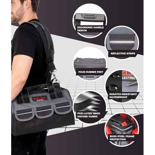 DELIXI Tool Bag 13-Inch + 3 Pack Utility Zipper Tool Pouches (18 Pockets), 1680D Oxford Fabric Tool Box Organizer with Shoulder Strap, Multipurpose Storage for Mechanic, Electrician, DIY, Gift