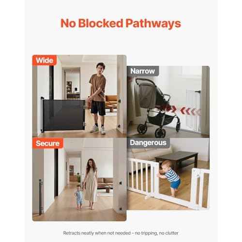 VEVOR Retractable Baby Gate, Extends to 72.8 inch Wide, 31.3 inch Tall, with Security Lock, Easy to Use, Walk Through Without Tripping, Mesh Dog Gate for Stairs, Hallways, Indoor/Outdoor, Black
