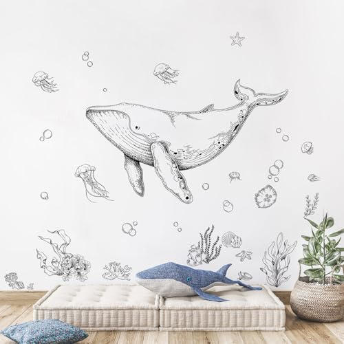 Ocean Whale Wall Decals, Ocean Animal Fish Seaweed Grass Jellyfish Wall Sticker Peel and Stick Under The Sea Art Decor for Boy Girls Kids Baby Nursery Bedroom Bathroom Hall
