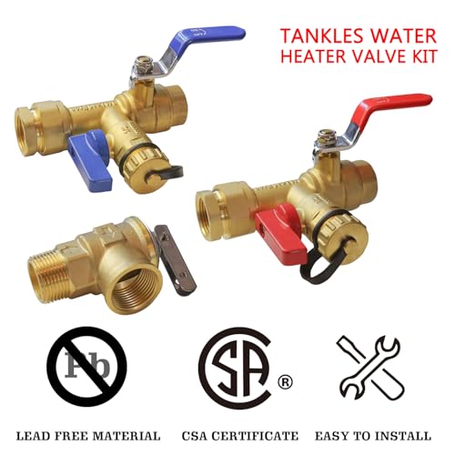 Xiny Tool 3/4-Inch IPS Isolator Tankless Water Heater Service Valve Kit with Pressure Relief Valve, Clean Brass
