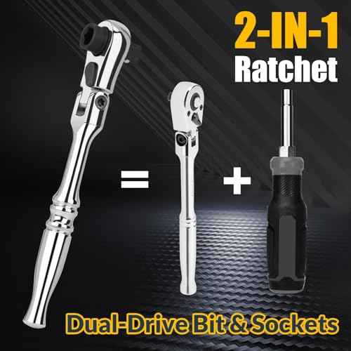 1/4" Ratchet Wrench, 72-Tooth Flex Head Ratchet for Ultra Tight Spots - Socket & Bit Driver, Chrome finish, 2-IN-1 Pocket Mini Ratchet for Engine Bays, Seat Rails, Bike Bodywork | 4.5" Long