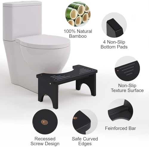 Black Toilet Stool Squat Adult, Natural Bamboo Wood Poop Stool for Adults, Bathroom Squatting Potty with Non-Slip Features, Portable Pooping Foot Step Stools