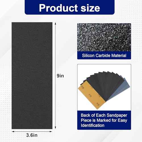 Romeda 72Pcs Sand Paper, 9x3.6 Inches, Silicon Carbide, 120/150/180/240/320/400/600/800/1000/1500/2500/3000 Grit, Wet/Dry, Compatible with Wood, Metal, Plastic