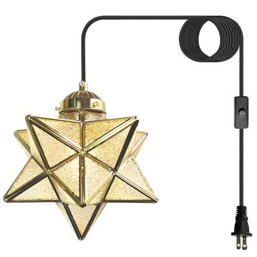 Gold Moravian Star Pendant Light with Brass Shade,16.5ft Plug-in Hanging Light Fixture with Switch, Farmhouse Brass Lighting for Kitchen Island, Bedroom, Hallway, Porch (LED Bulb Included)