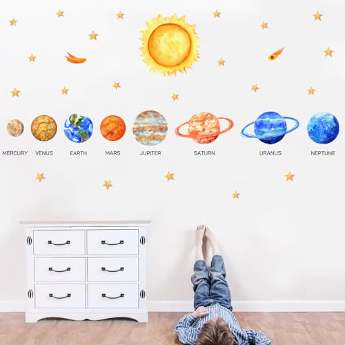 HLNIUC Solar System Wall Sticker Peel and Stick 35¡±x12¡±Kids Space Planets Wall Decal Science Education Window Clings Planet Starry Sky Self Adhesive Room Stickers Outer Space Room Decals for Classroom