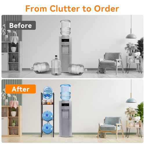 5 Gallon Water Bottle Jug Holder, Water Jug Stand with 55mm Water Dispenser Valve, Heavy Duty Water Bottle Storage Rack with Wooden Storage Tier for Kitchen, Home and Office