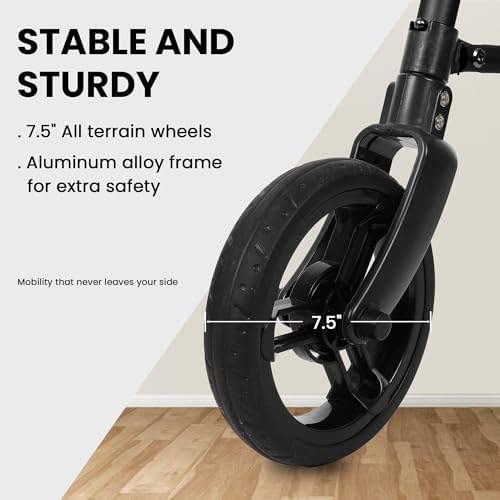 DAILYLIFE Rollator Walker for Seniors & Caregivers - Steerable Cane with 7.5" Wheels, Adjustable Height, Folding Design, Lightweight Aluminum Frame - Black