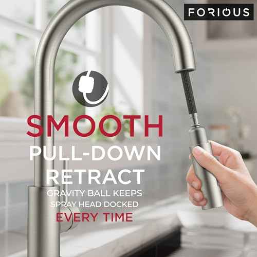 FORIOUS Kitchen Faucet with Pull Down Sprayer, Classic Single Hole Kitchen Sink Faucet with Deck Plate, Brushed Nickel Single Handle, High Arc Stainless Steel for RV Bar Farmhouse Laundry Outdoor