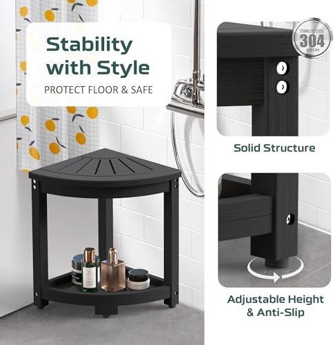 Corner Shower Stool for Inside Shower, HIPS Waterproof Shower Bench Seat Chair, Plastic Bath Shower Stool for Shaving Legs Foot Rest with Storage Shelf, Adjustable & Non-Slip Feet, Black